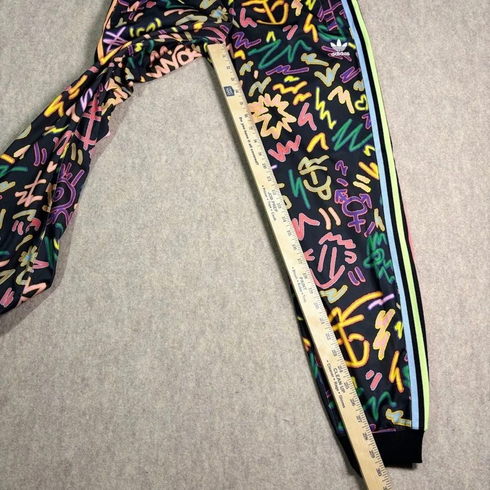 Adidas Track Pants Womens S Black Neon Graffiti Print Joggers Festival Y2K Logo - Picture 6 of 8